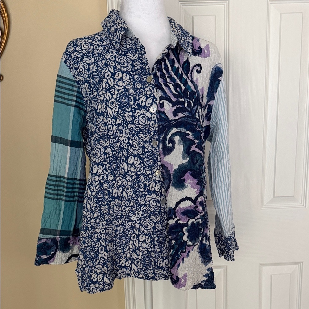 Habitat Textured Mixed Print Stir It Up Shaped Button Down Shirt Top Floral S